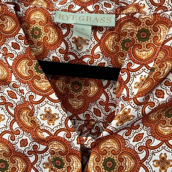 RYEGRASS - Long Sleeve Burnt Orange White Pattern Silky Blouse Size S - Picture 5 of 6